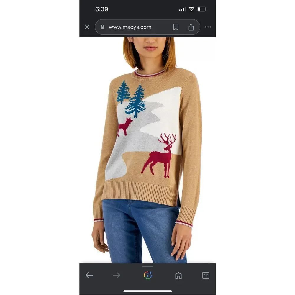 Charter Club Winter Wildlife Crewneck Sweater Medium